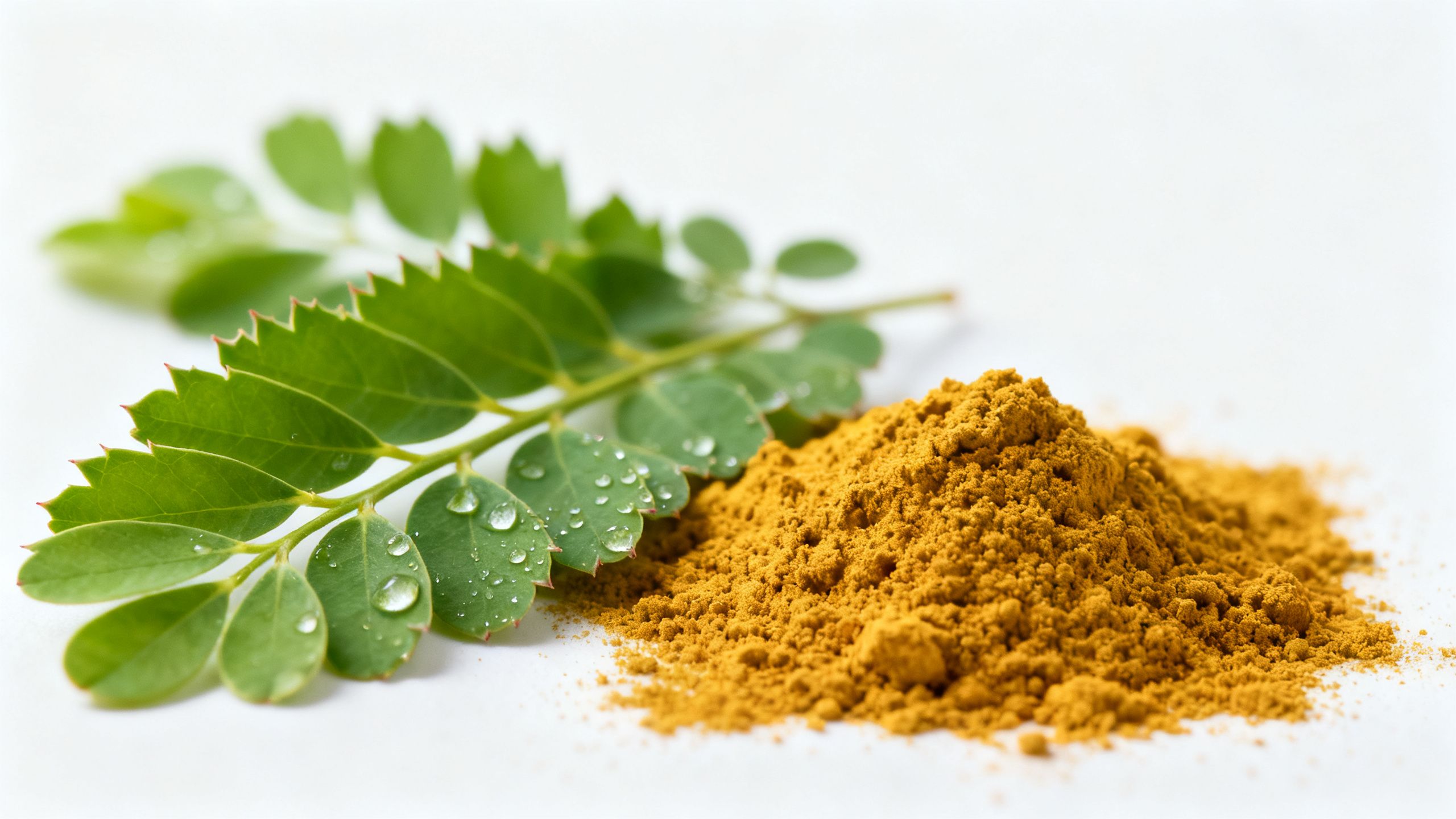 A close-up shot of pure, natural supplement ingredients like vibrant green moringa leaves and golden turmeric powder on a clean, white surface.