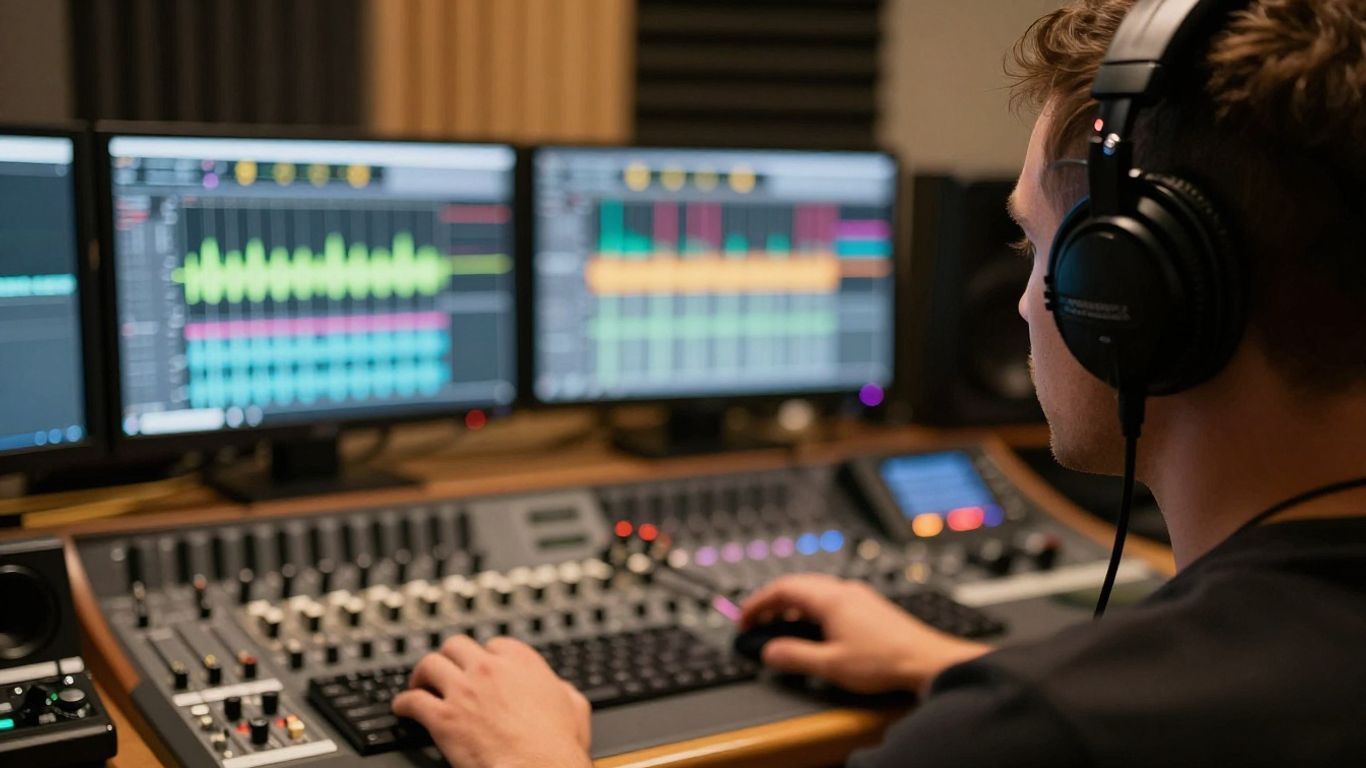 A producer listening to evolving AI music tracks