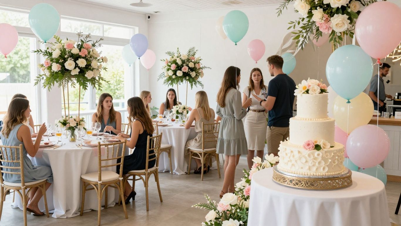 Elegant baby shower venue with balloons and floral decorations.