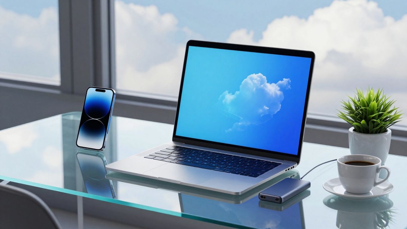 Futuristic cloud storage workspace with laptop and devices
