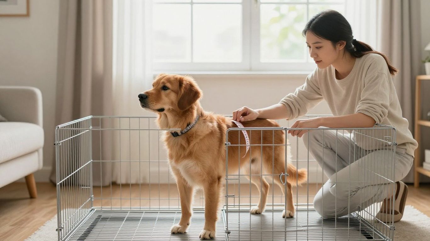 Pet parent measuring a dog beside a crate