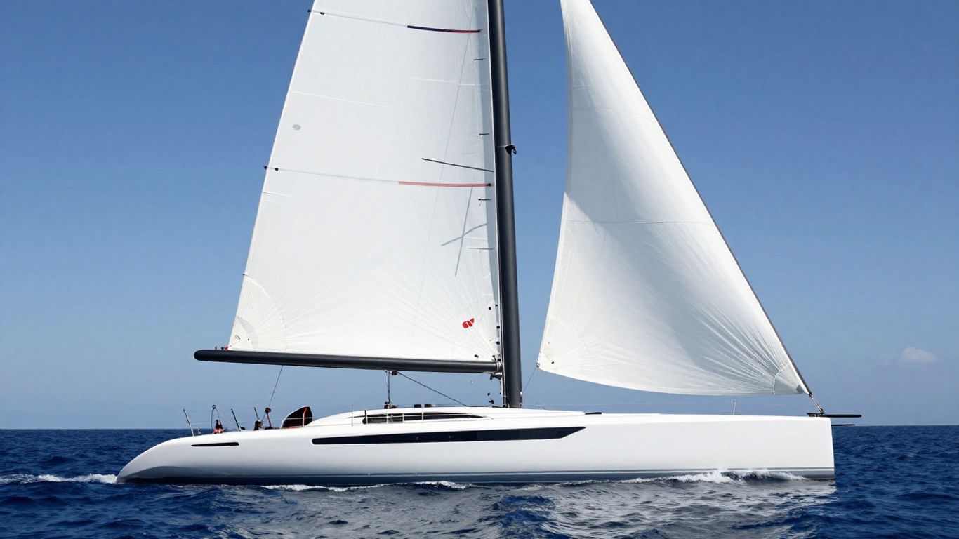 Futuristic sailing yacht with large white sails on blue water.