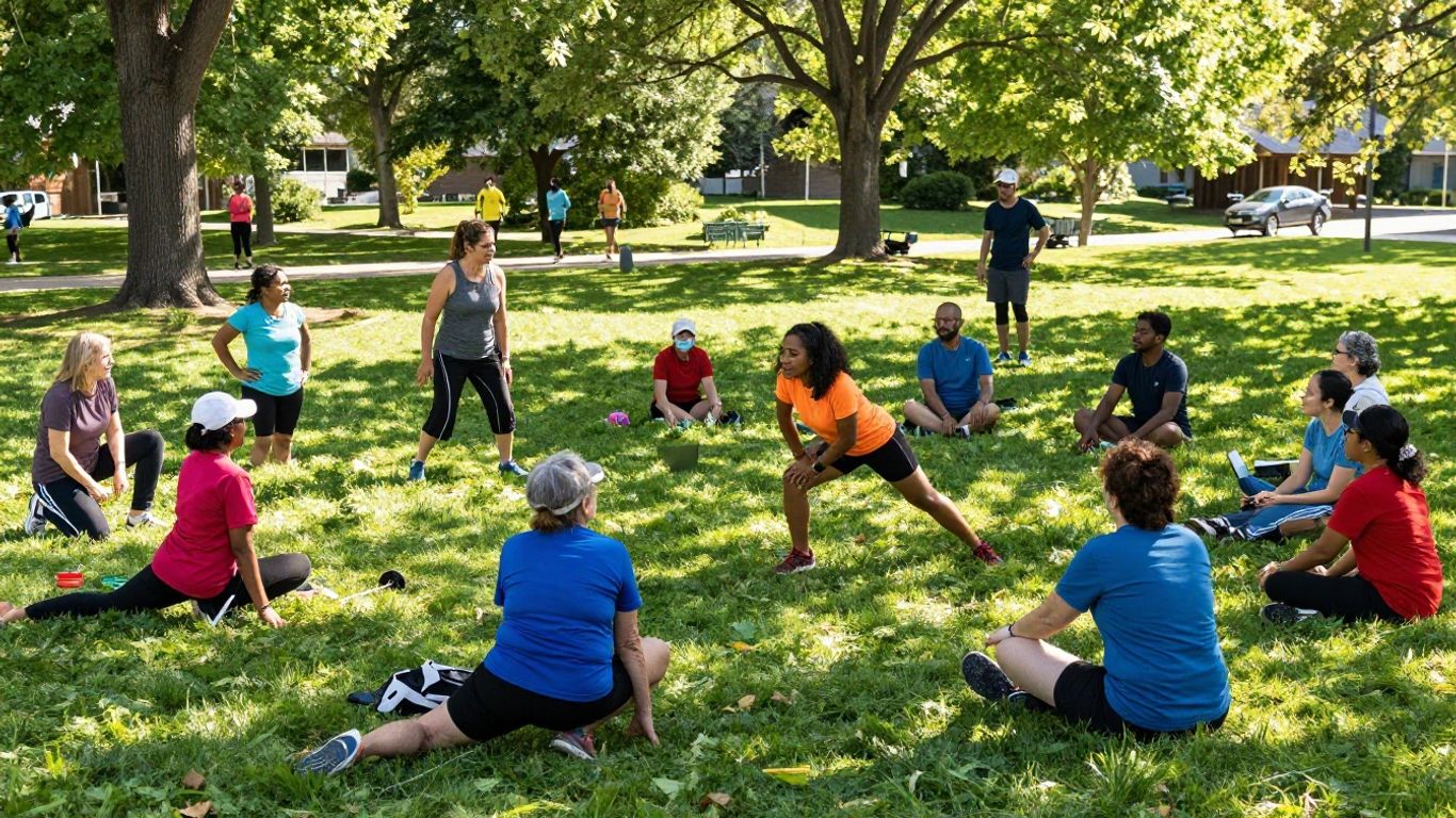 Oameni activi în aer liber, promovând sănătatea comunitară.
