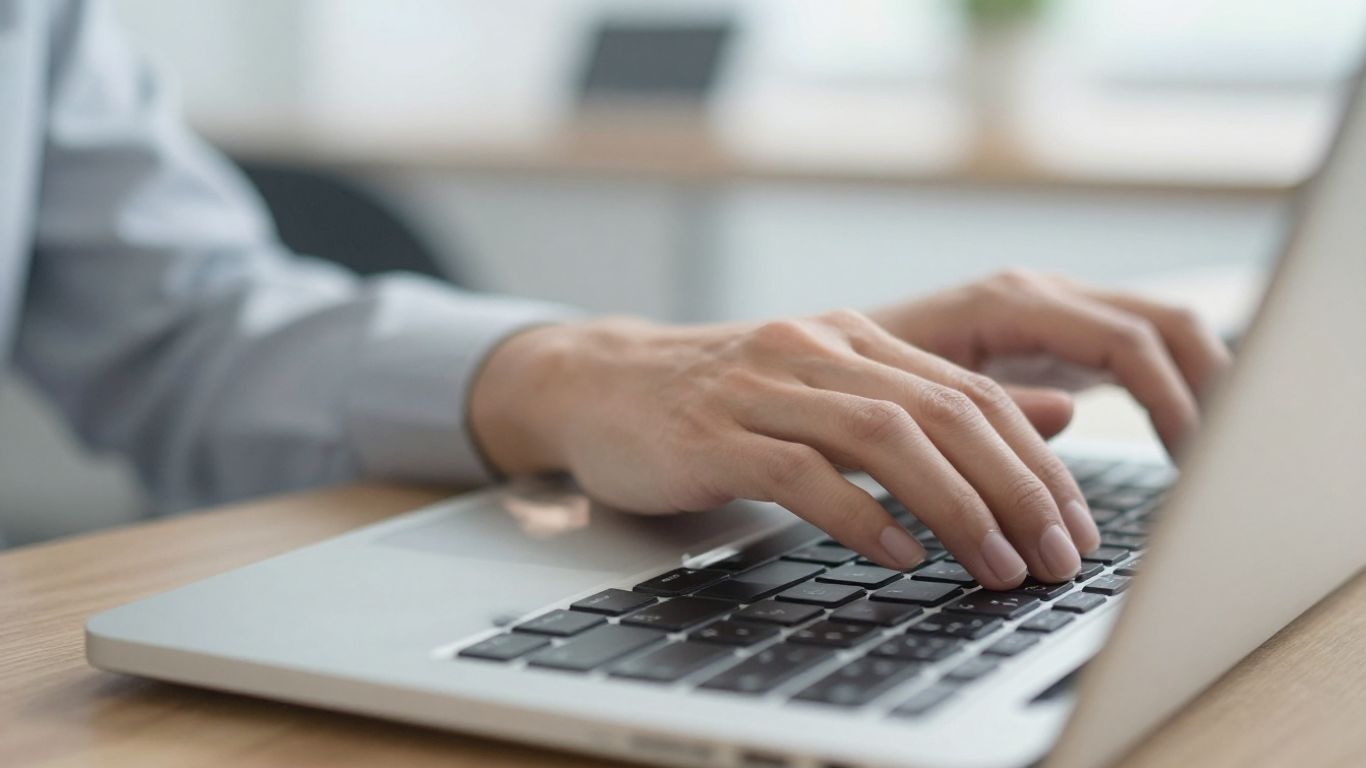 Hands typing on a laptop keyboard sending an email.