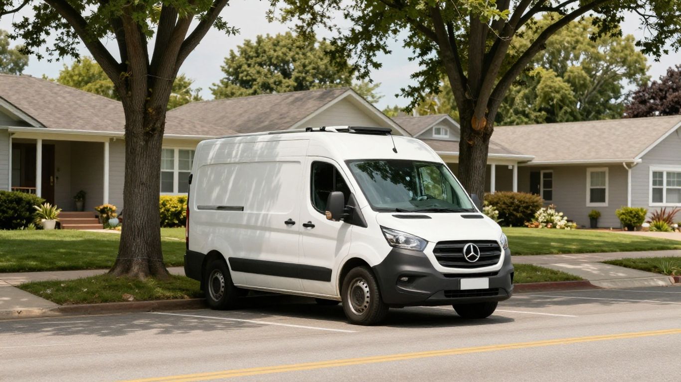 Delivery van in a local sunlit neighborhood
