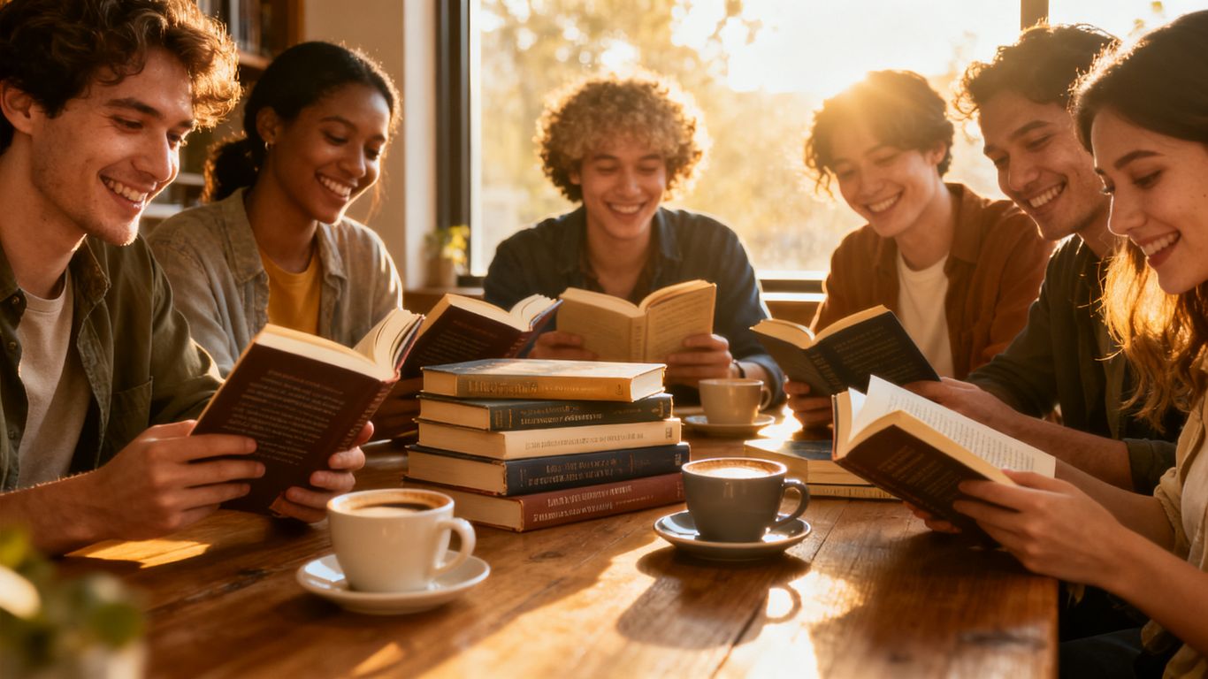 People enjoying books and conversation in a cozy setting.