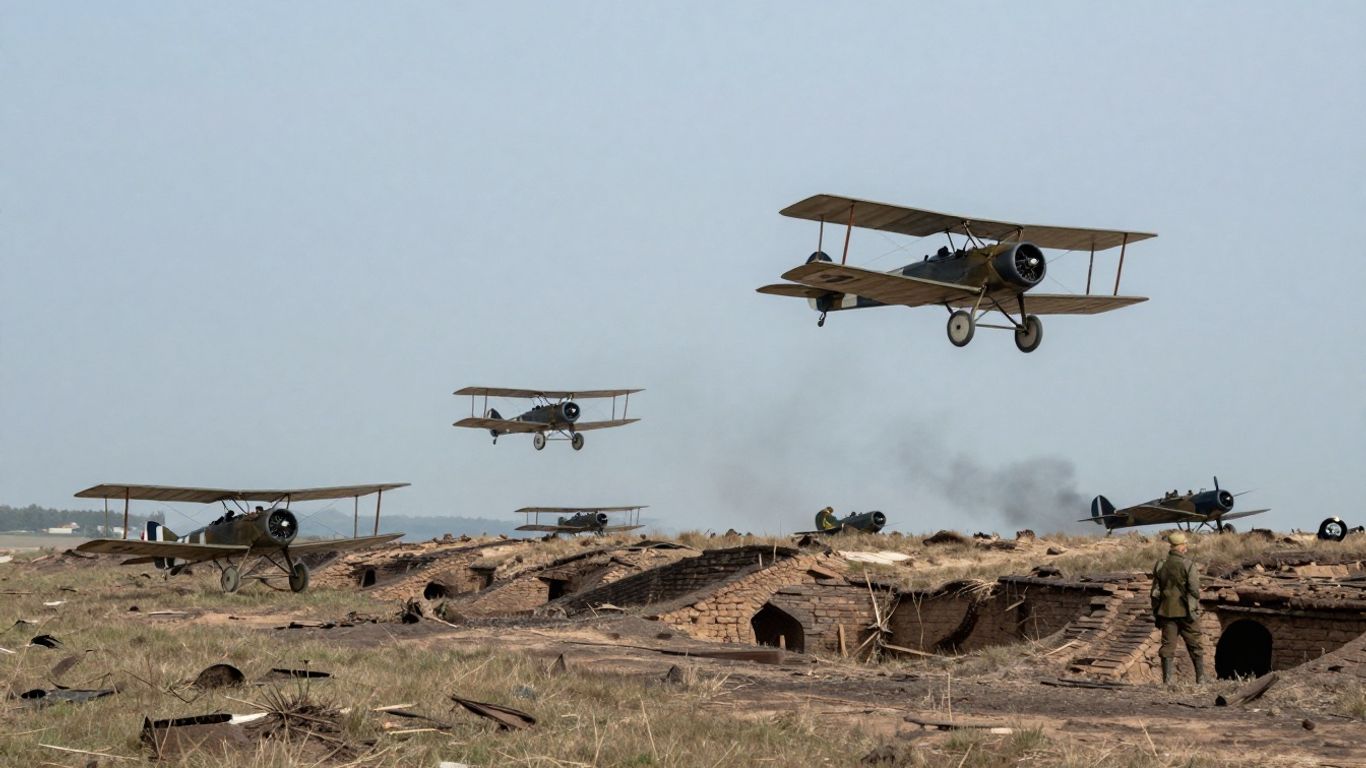 WWI fighter aircraft above Western Front trenches