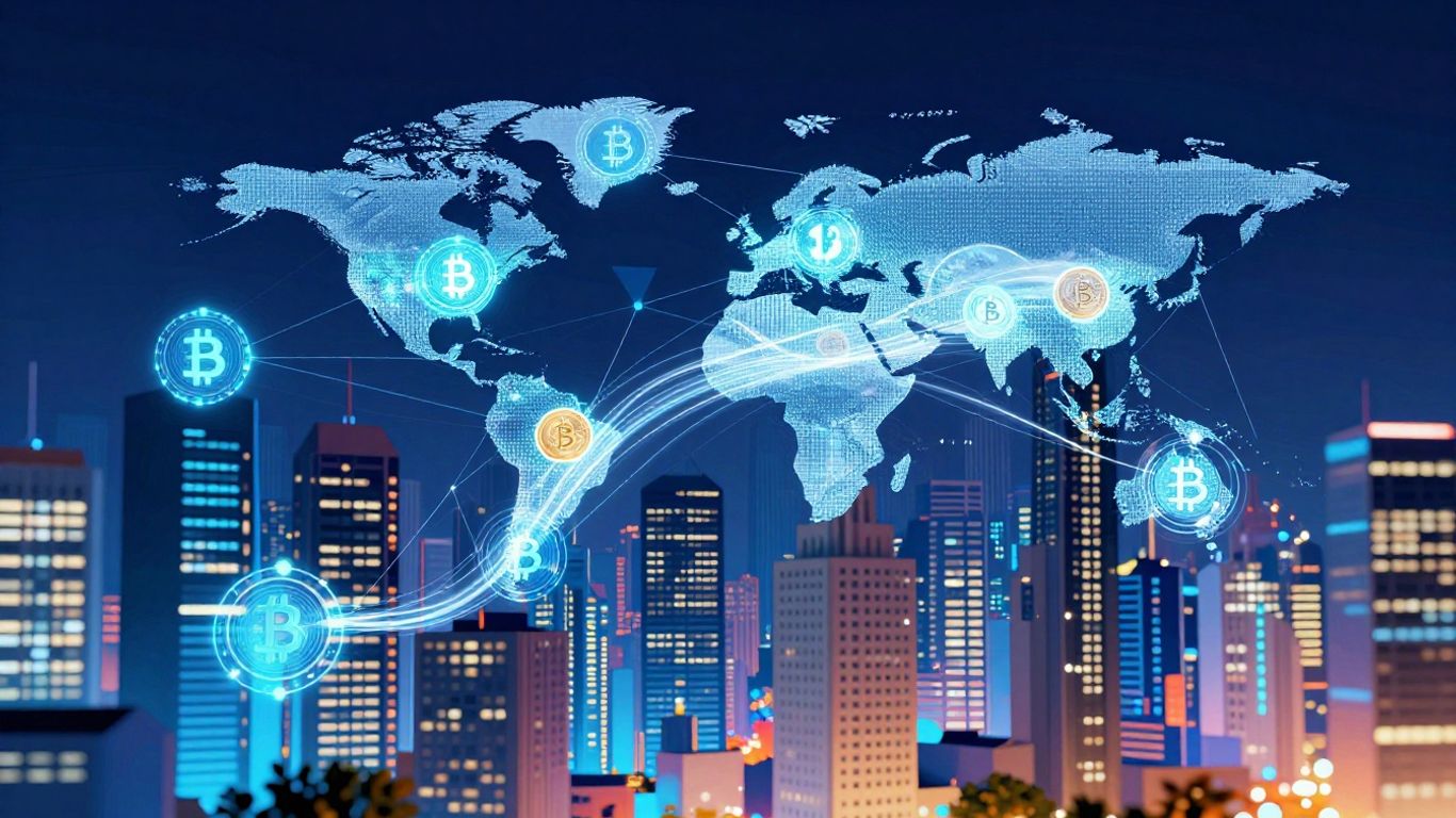 Blockchain connecting financial institutions and cryptocurrency.