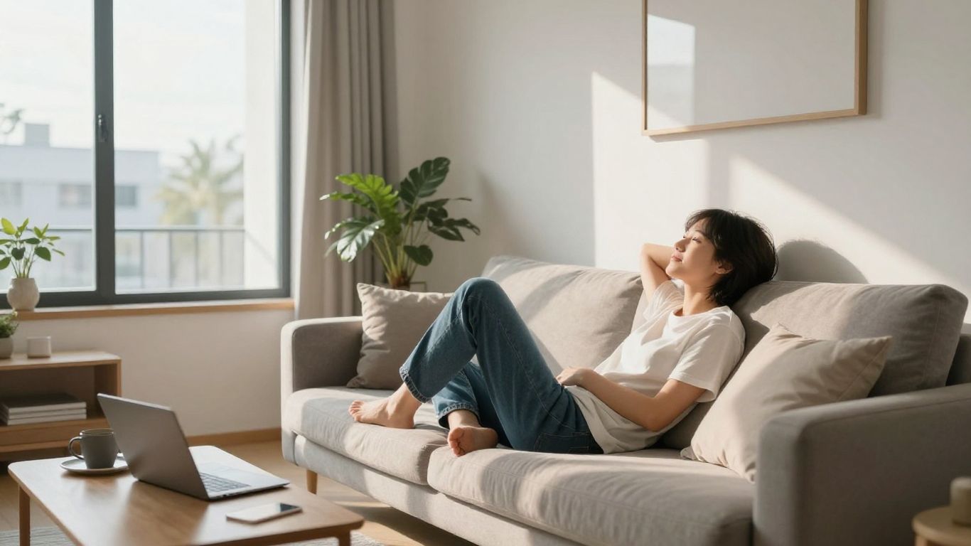 Apartamento seguro y cómodo con persona relajada en sofá.