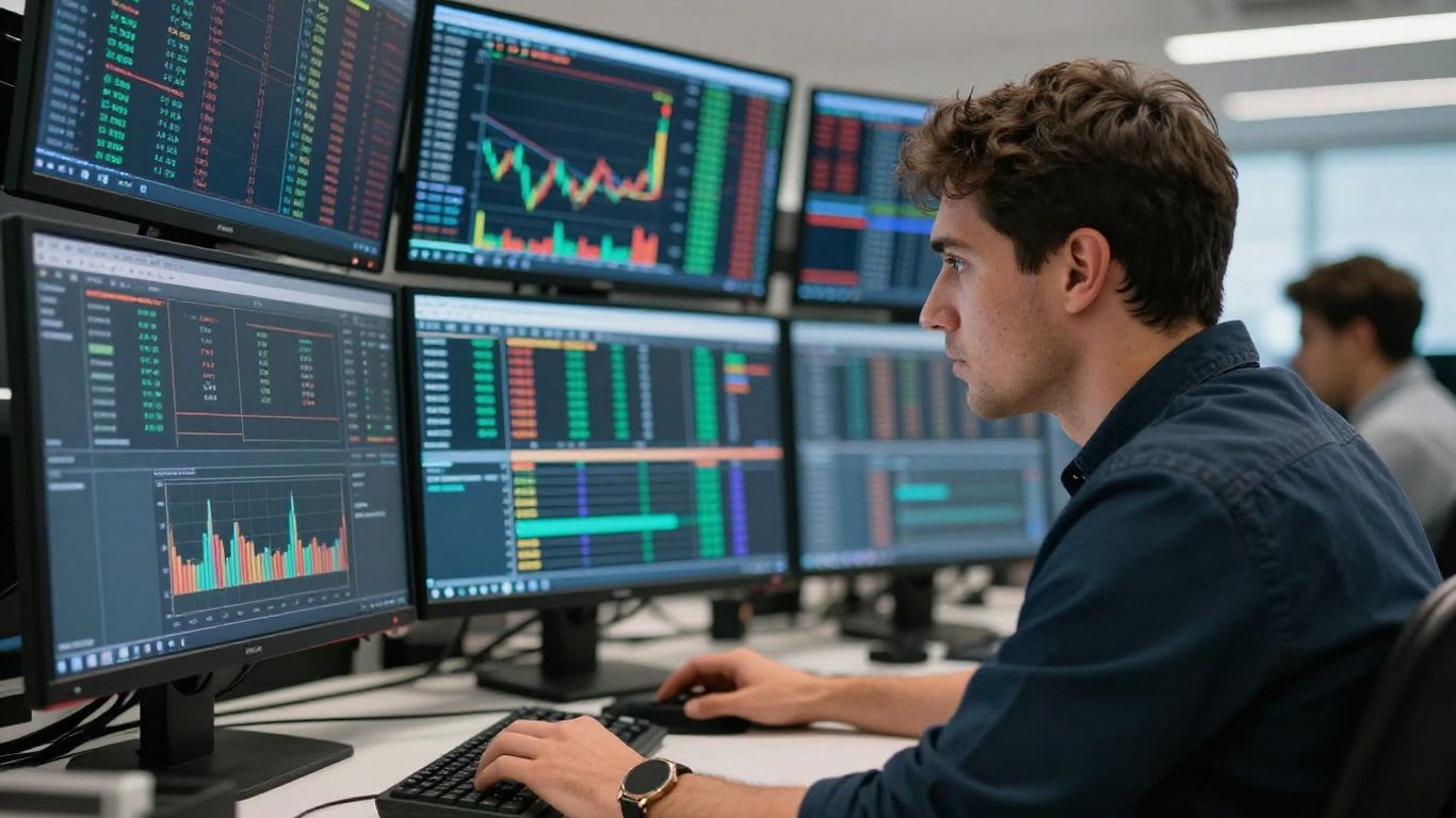 Trader focused on multiple screens in a modern trading room.