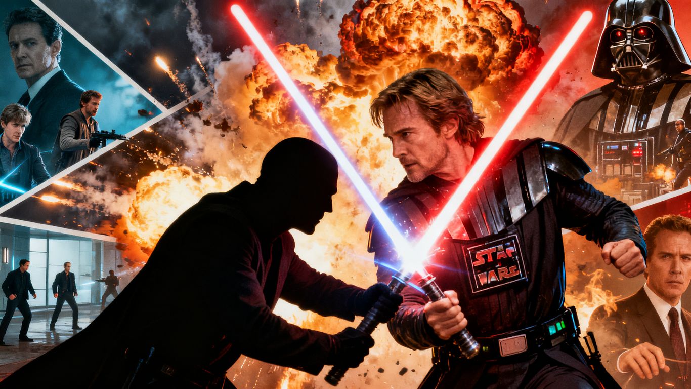 Collage of Star Wars and spy thriller movie scenes.
