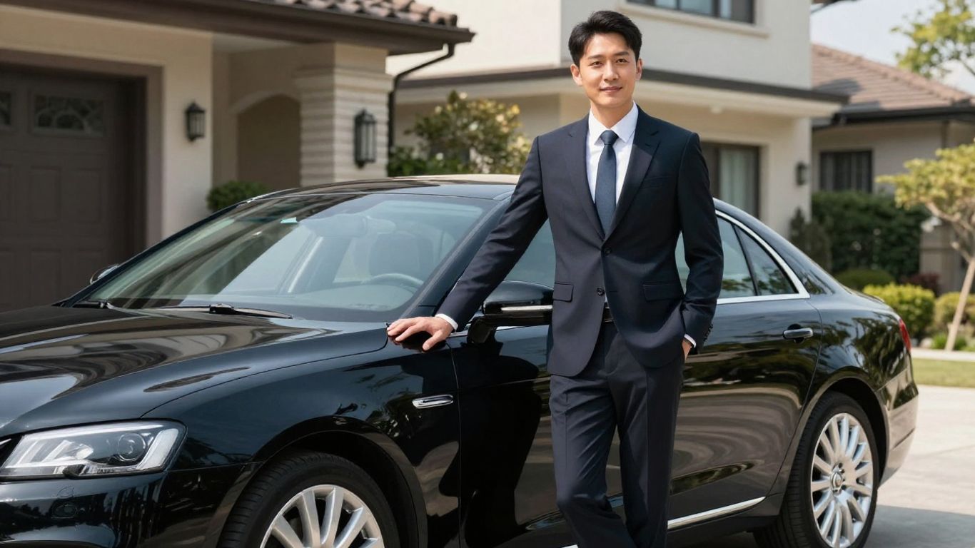 Professional chauffeur standing by a luxury vehicle