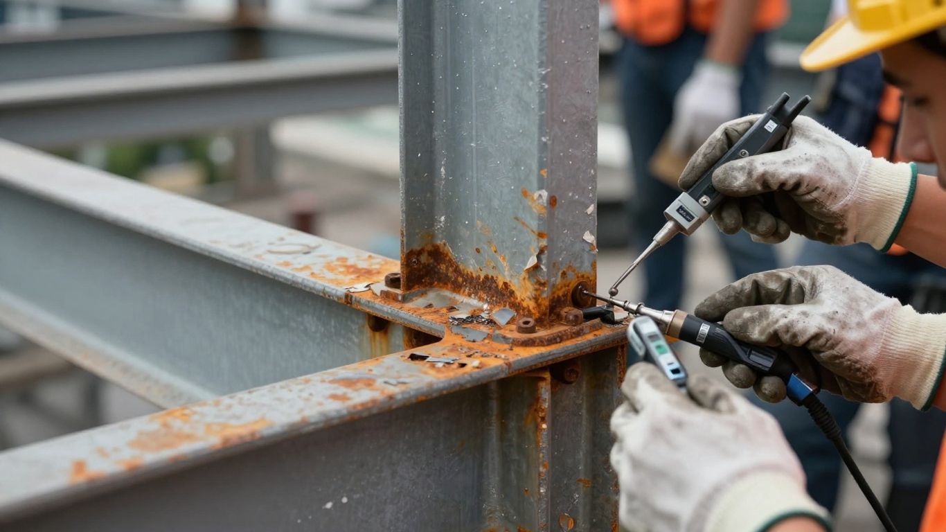 Close inspection of corroded steel connection