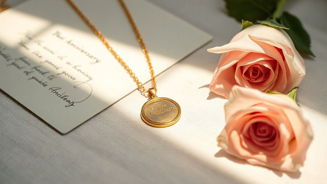 Delicate personalized pendant beside anniversary flowers