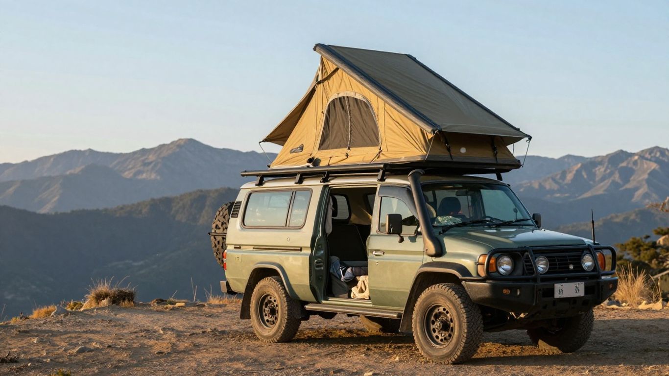 Bakkie with rooftop tent deployed on scenic overlook.