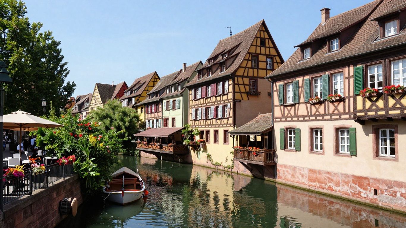 Colorful half-timbered houses along a canal in Colmar, France.