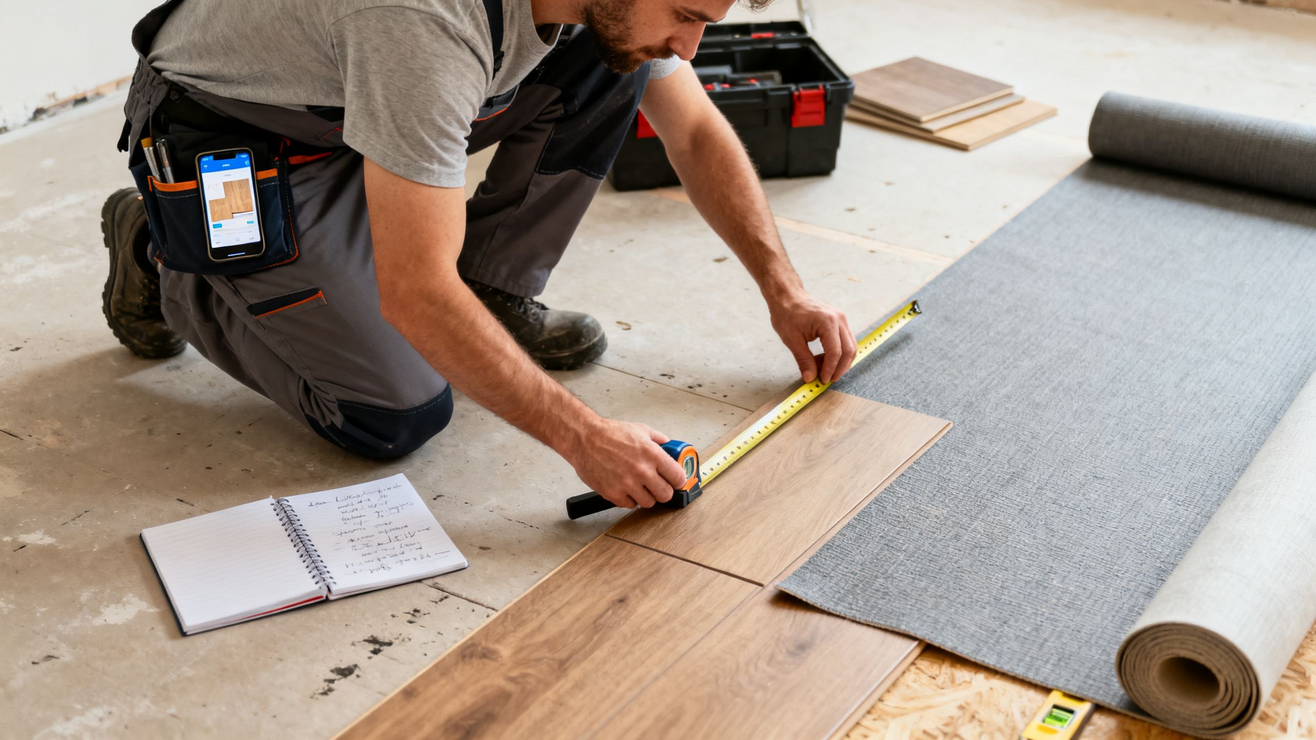 A flooring fitter checking subfloor condition, underlay compatibility and measurements before a customer orders flooring online