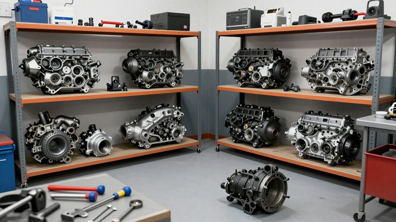 Subaru engine parts and car components in a workshop.