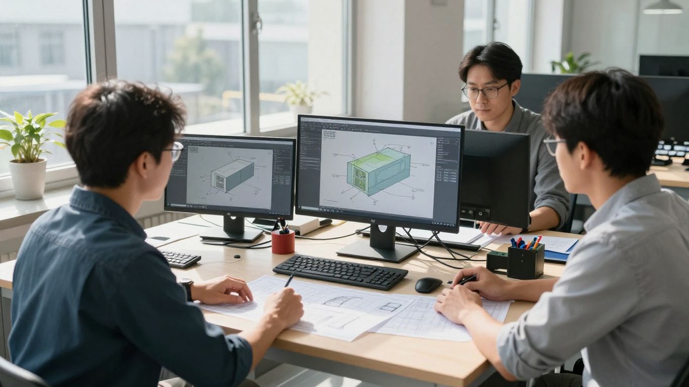 Engineers collaborating on a 3D CAD model in a modern factory.