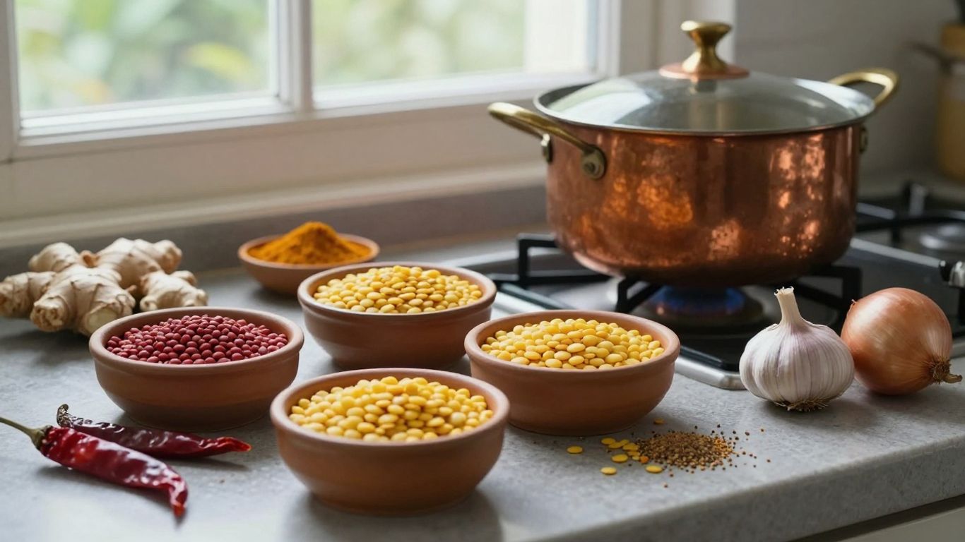 Rinsed lentils beside aromatic spices
