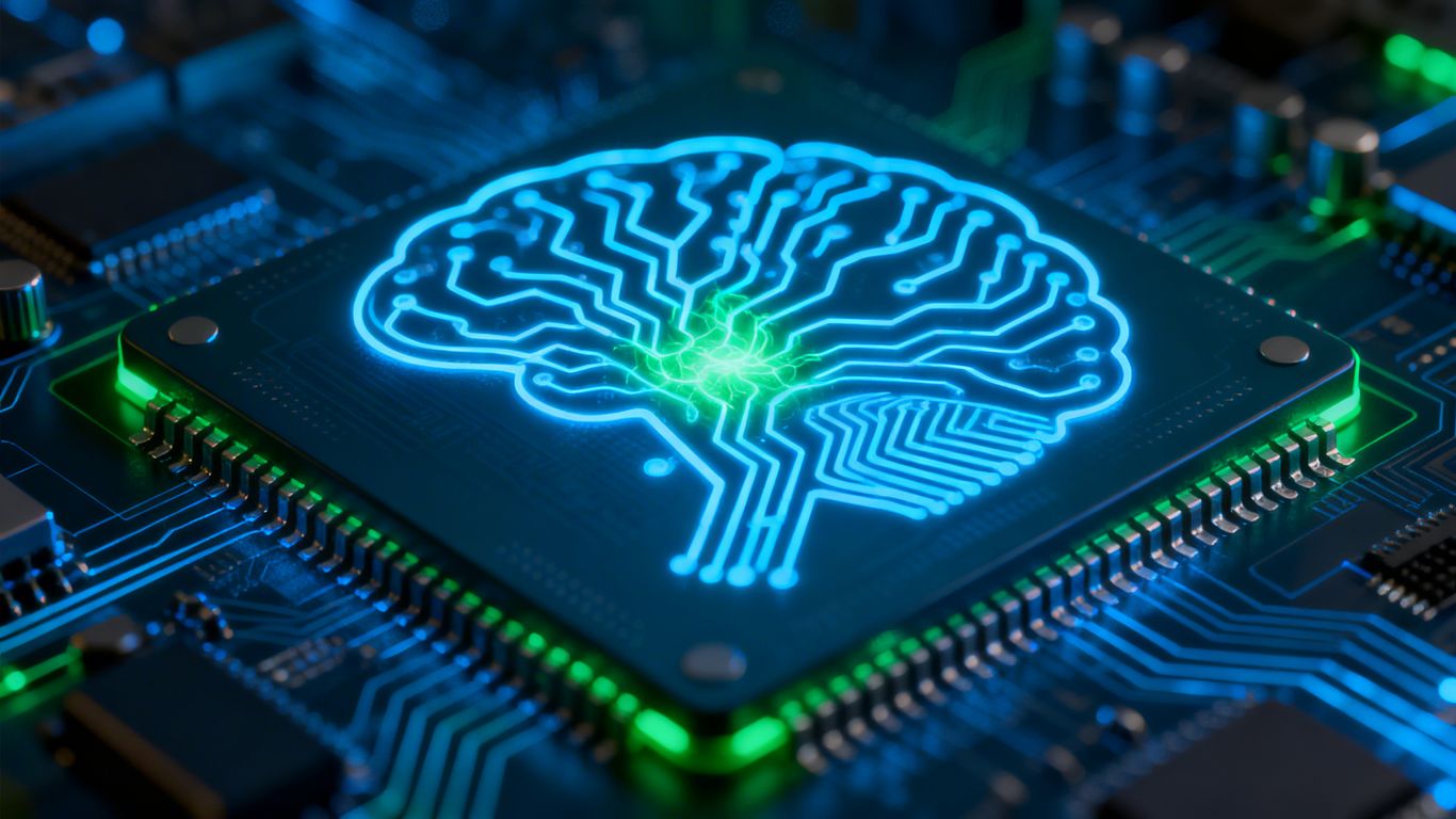 Brain-inspired microchip with glowing neural pathways.