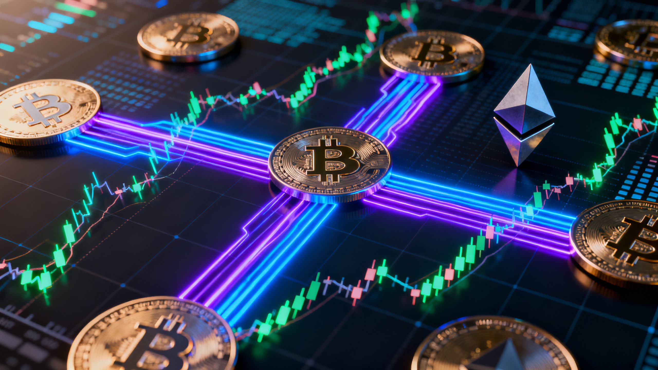 An abstract 3D illustration representing the intersection of finance and technology, with glowing data streams connecting digital currency symbols and stock market graphs.