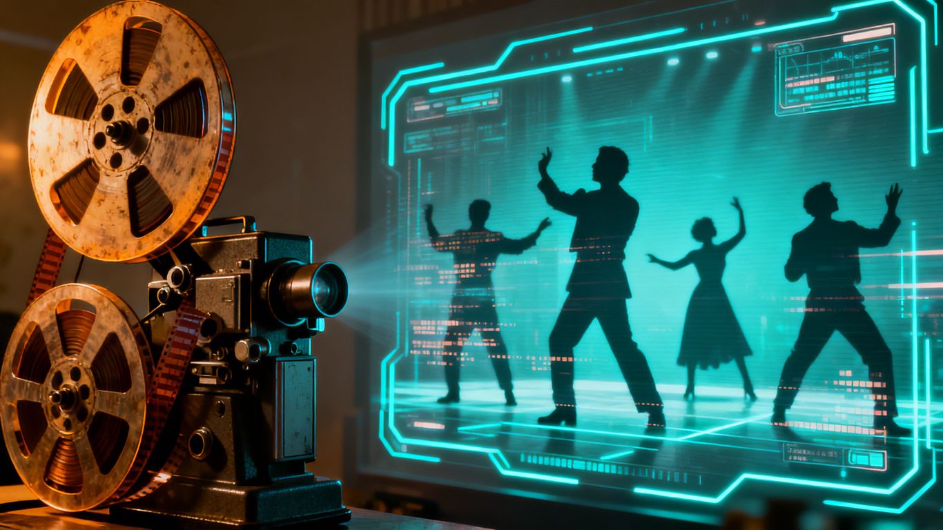 Hollywood film reel meets futuristic AI interface.