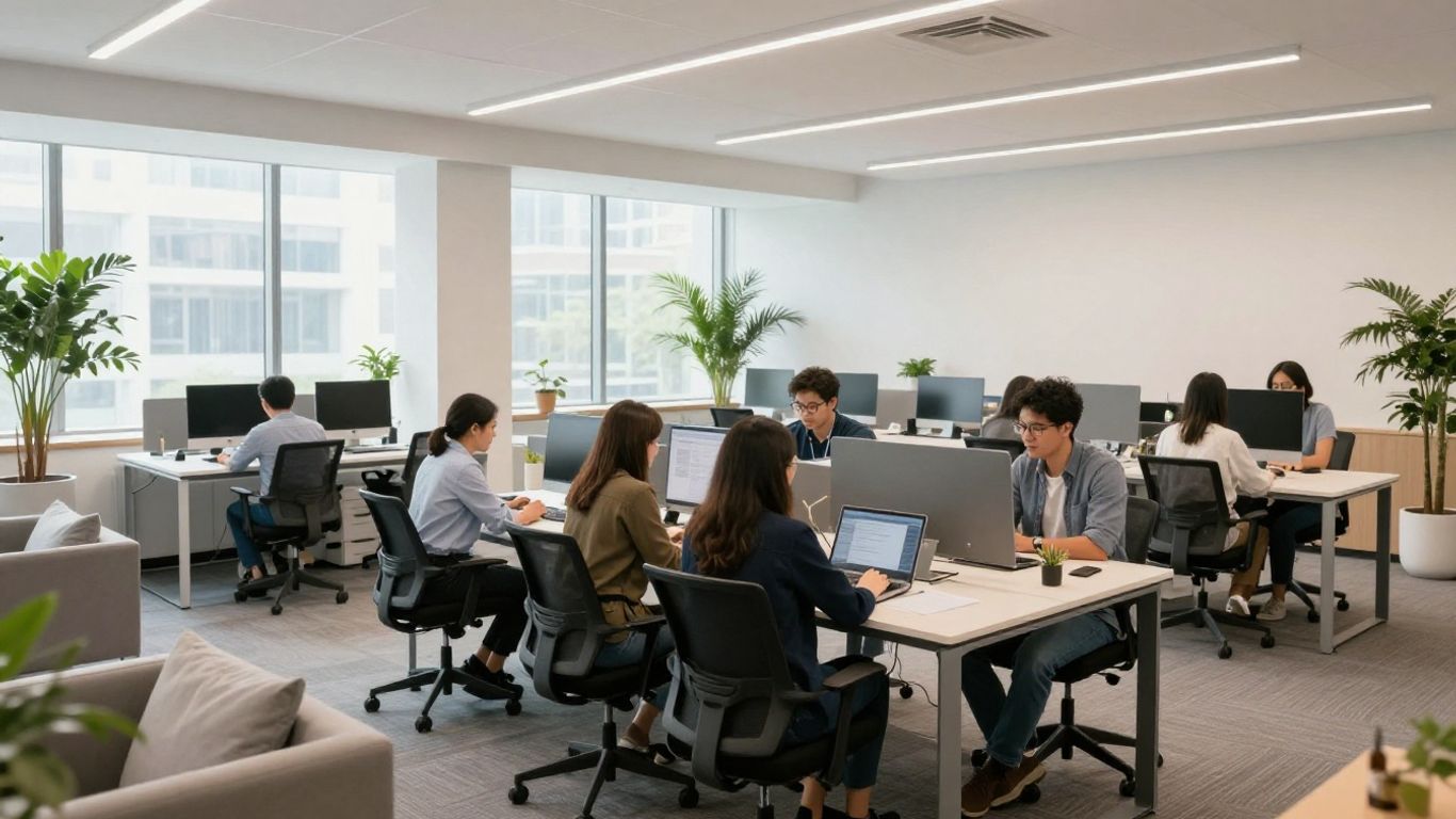 Moderne Bürolandschaft mit flexiblen Arbeitsplätzen und Gemeinschaftsbereichen.