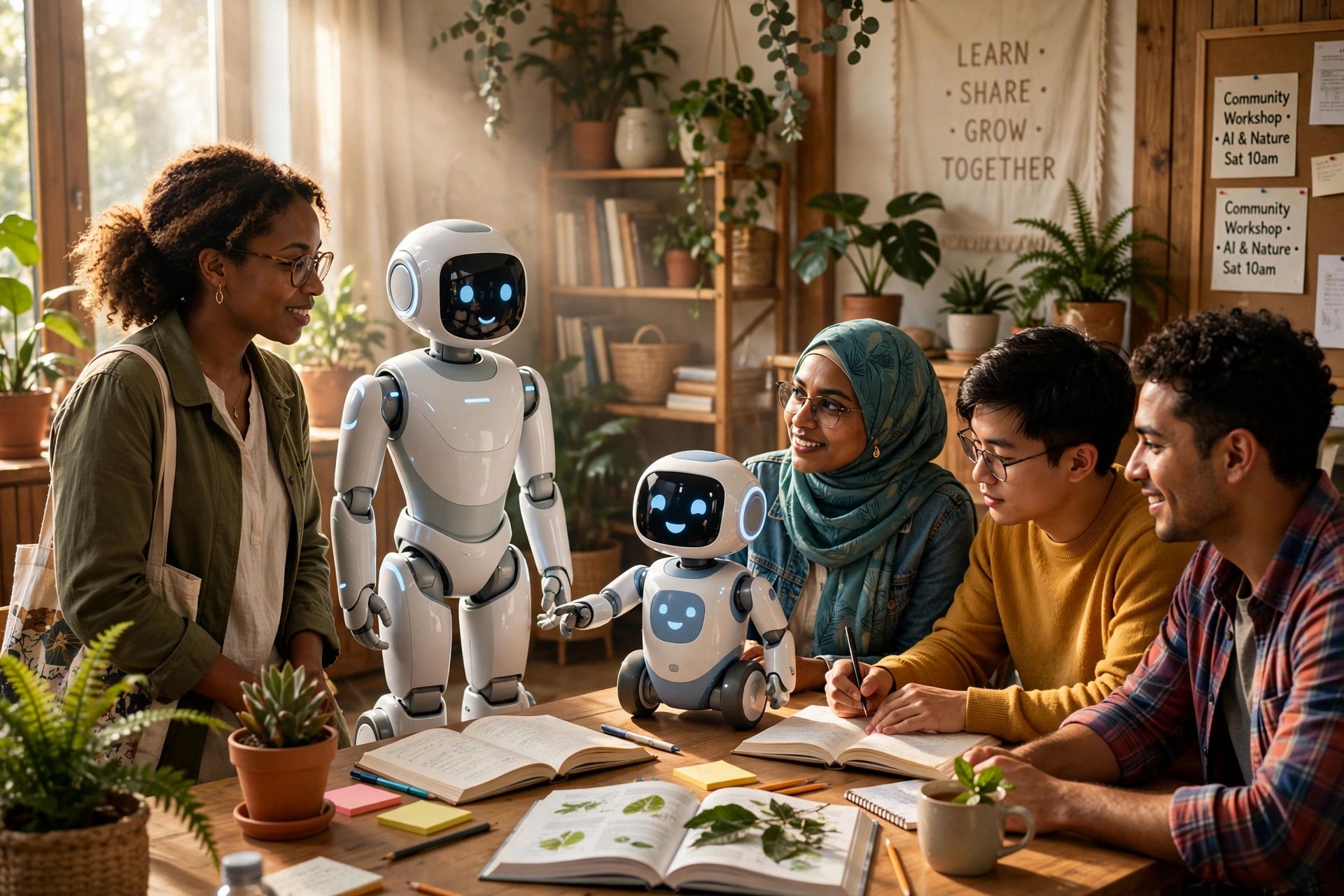 People and AI robots learn and connect together in a welcoming community.