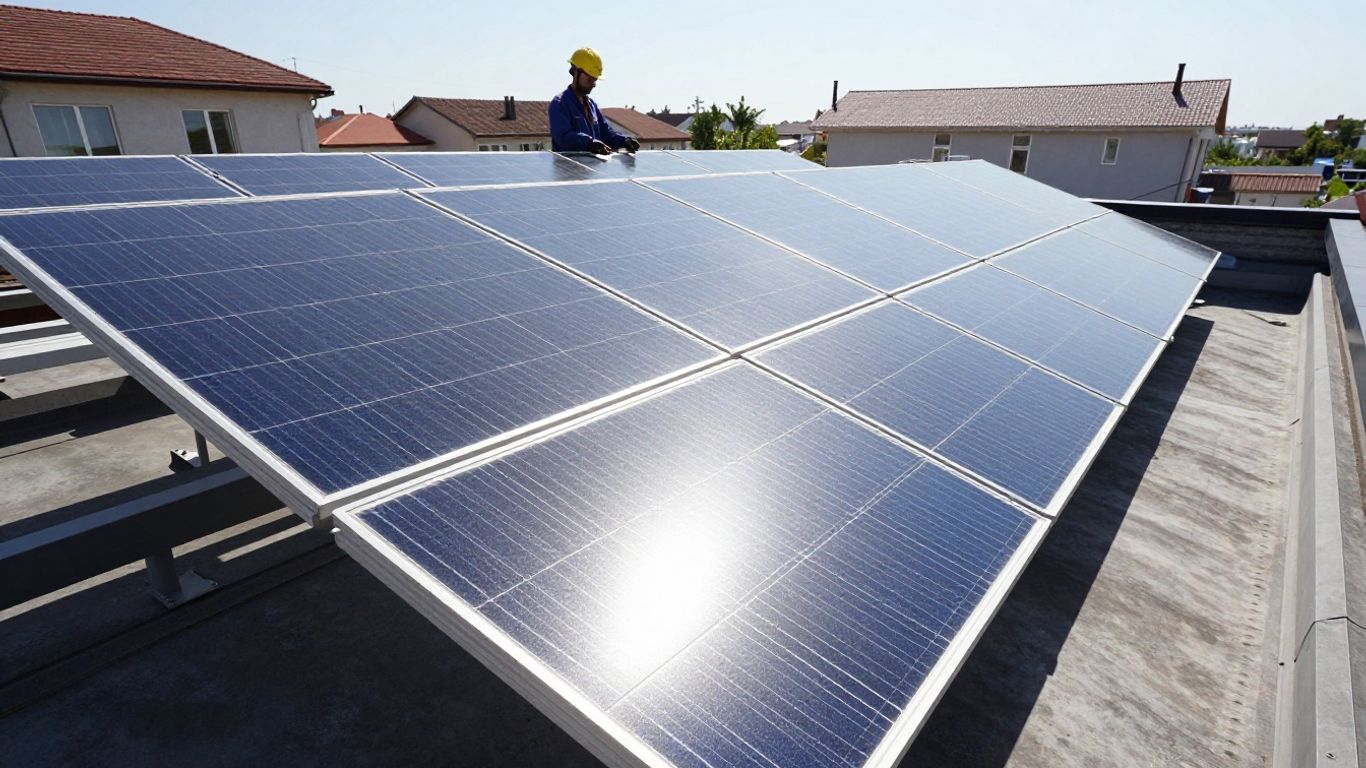 Technicien entretenant des panneaux solaires sur un toit résidentiel.