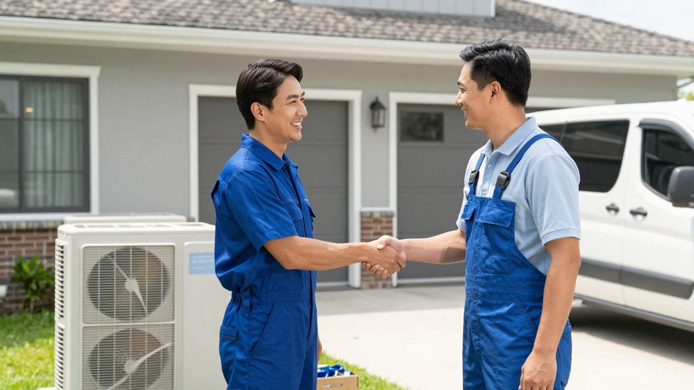 HVAC tech shaking hands with happy customer outside home.