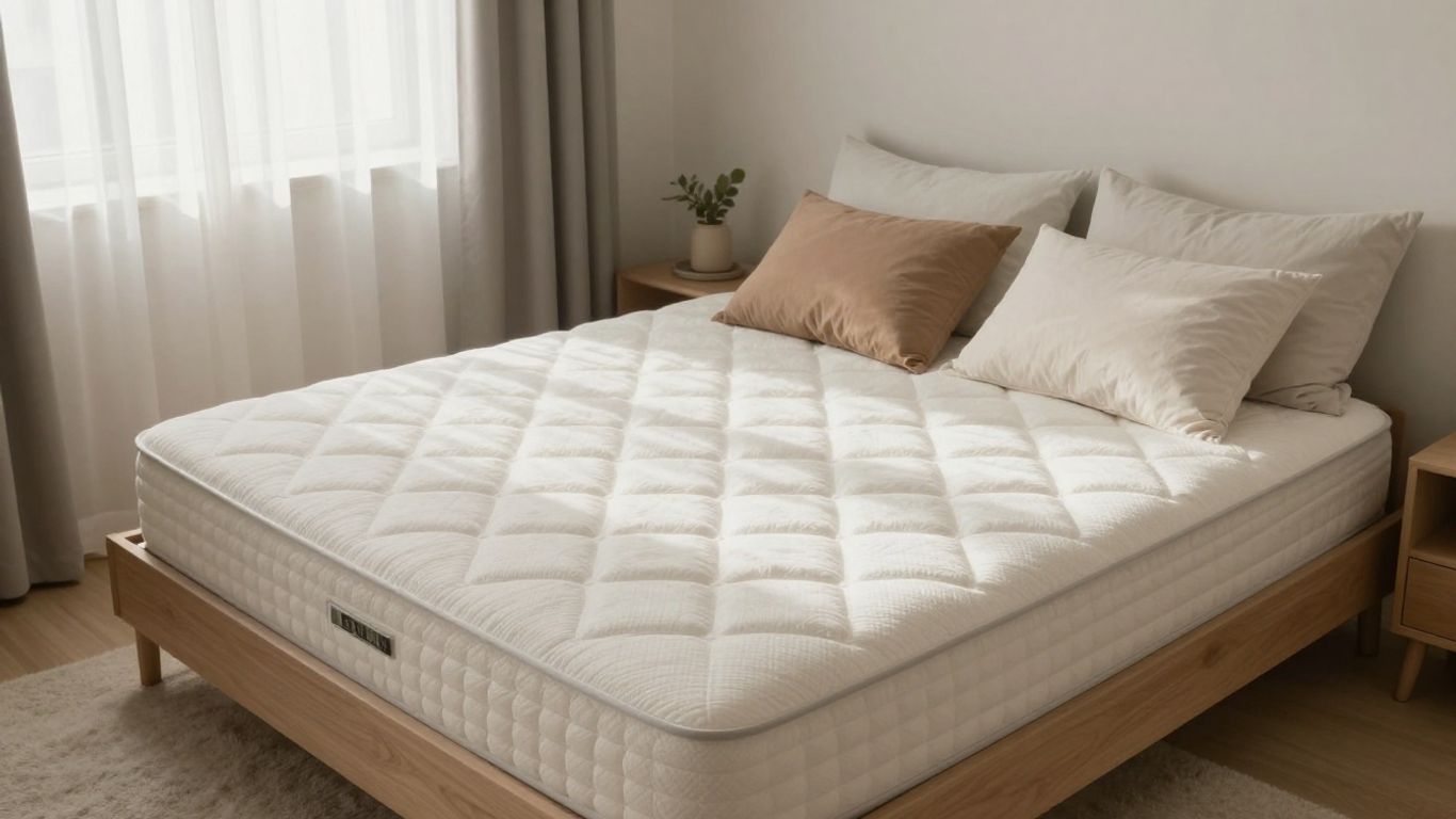 Foam mattress with soft bedding in a bedroom.