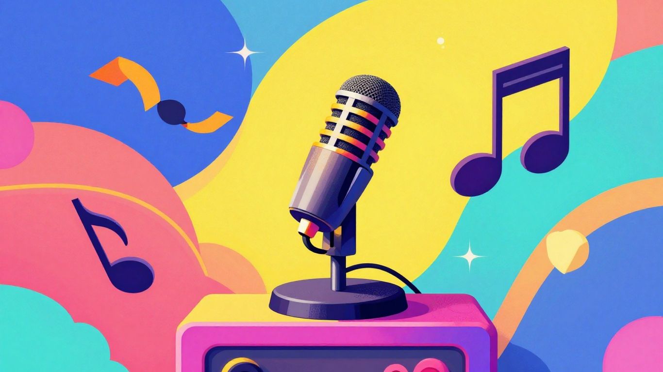 Retro game-style illustration of microphone and music notes.