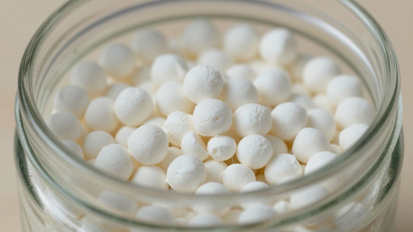 Freeze-dried eggs in a clear glass jar.