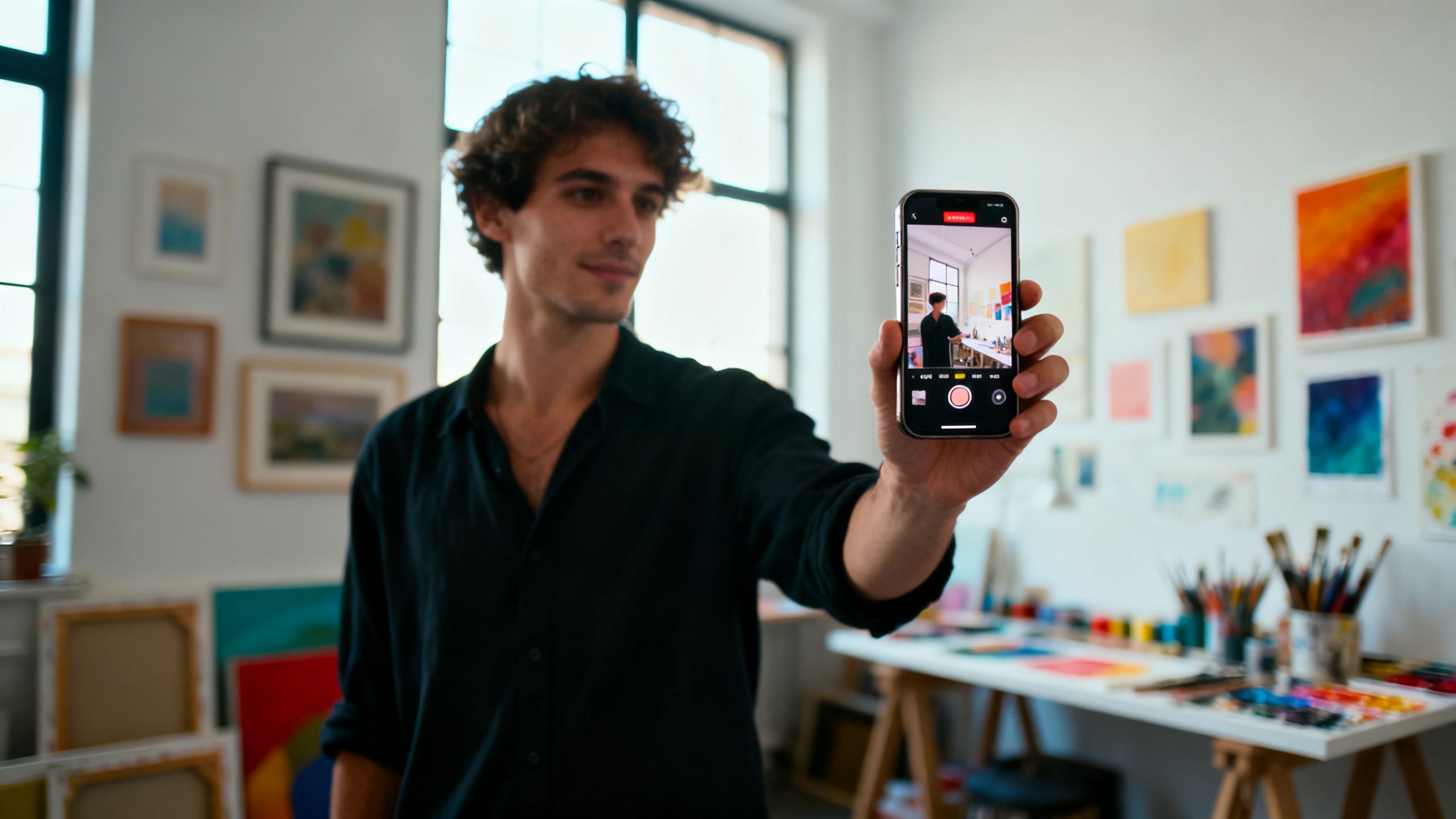 Persona grabando un video de tendencia en redes sociales con su teléfono en un espacio de trabajo creativo