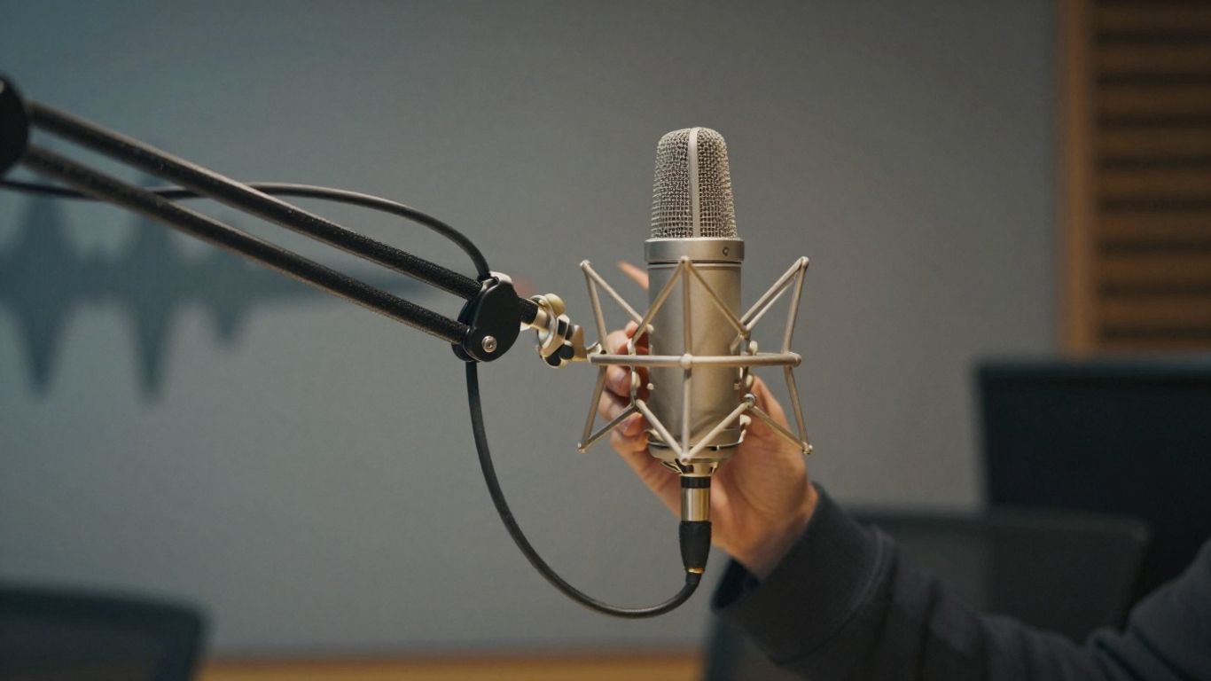 L1 Radio studio met microfoon en geluidsapparatuur.