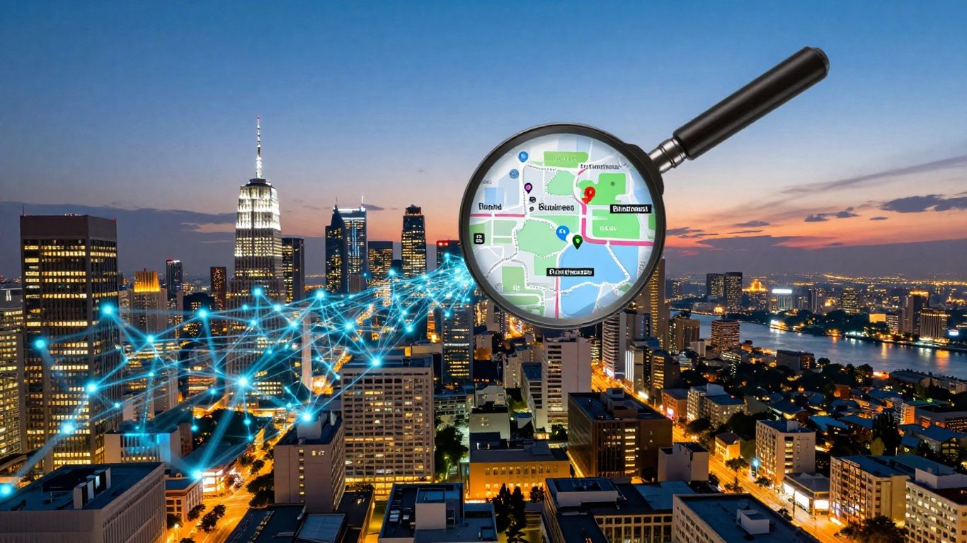 Local businesses connecting online in a digital cityscape.