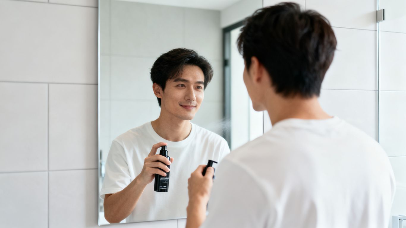 A man using convenient hair regrowth spray at home