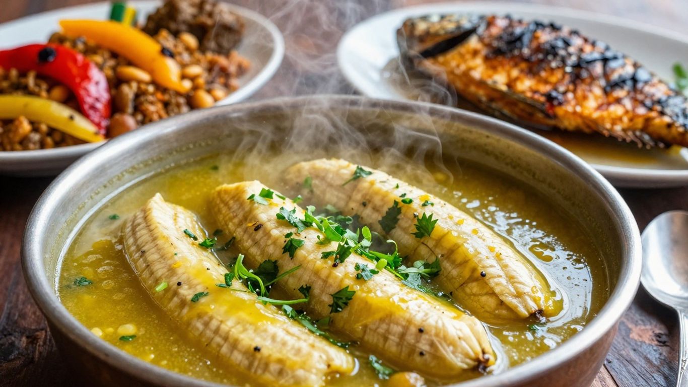 Ugandan matoke, grilled tilapia, and groundnut sauce.