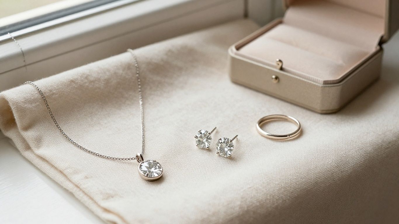 Everyday diamond jewellery arranged on neutral fabric