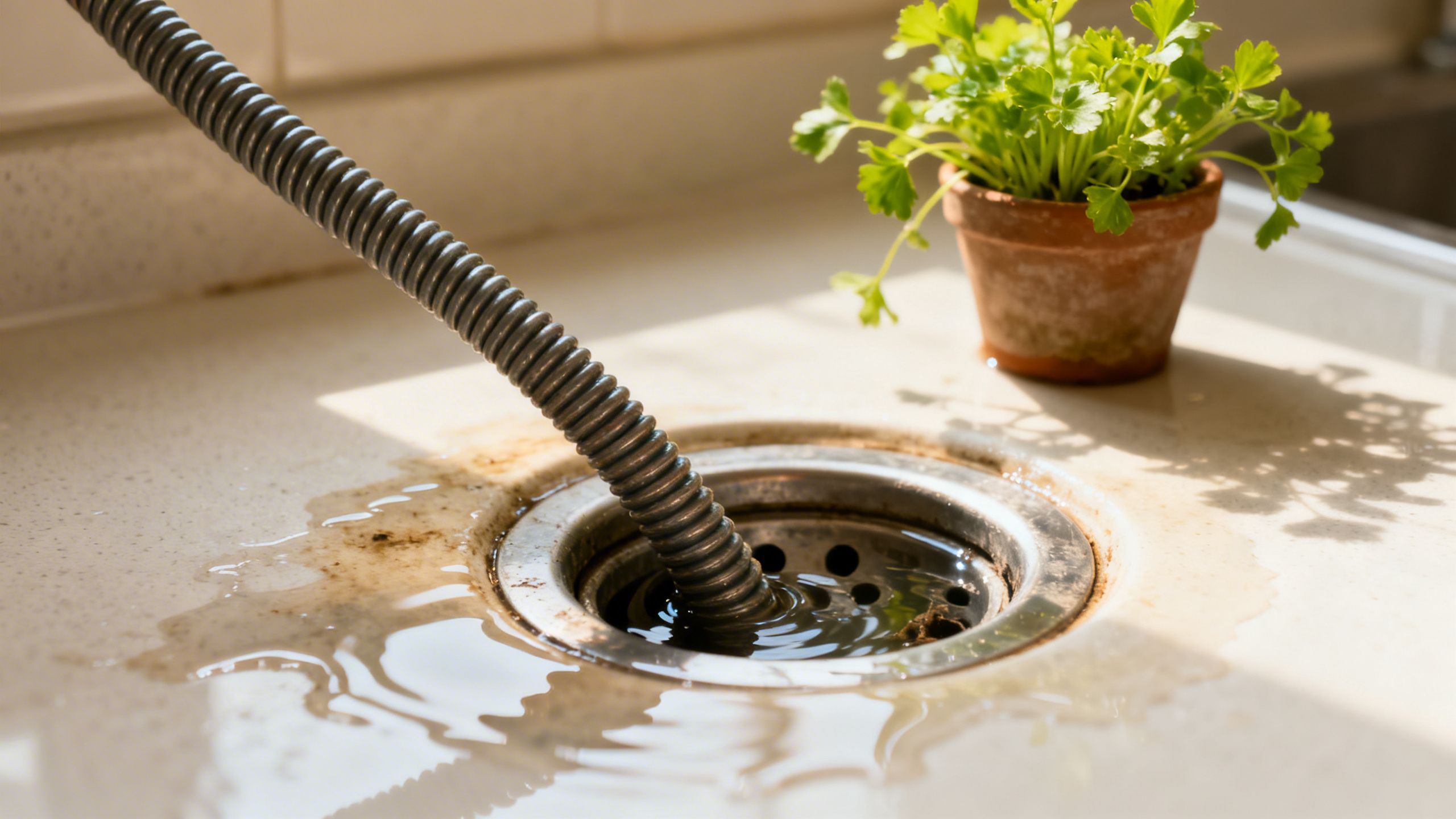 Clogged sink drain with plumber's snake and spring plant.