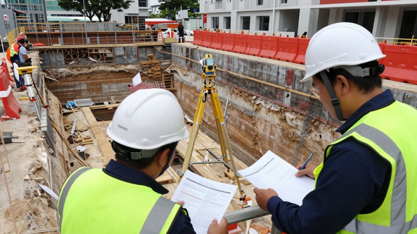Engineers reviewing excavation site conditions