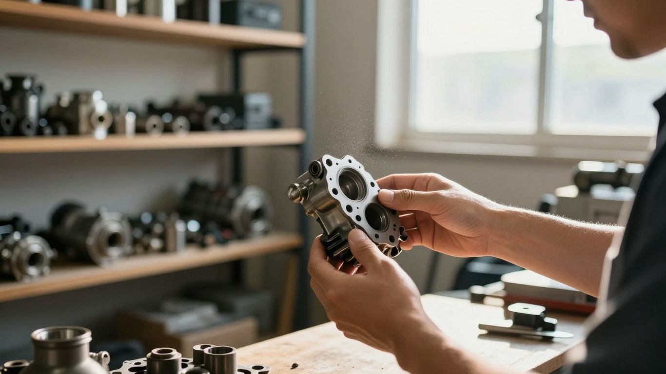 Car parts organized on shelves in a workshop.