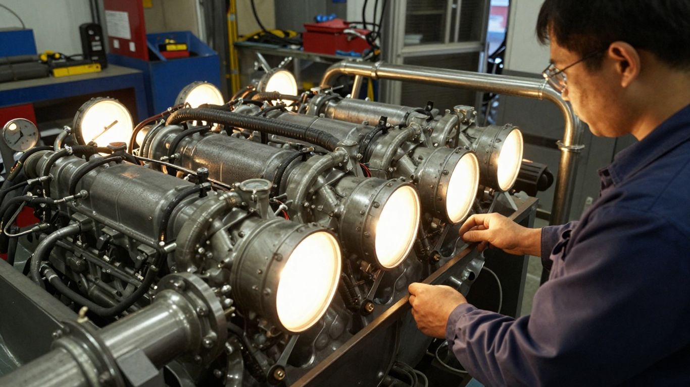 Technician inspecting a large engine compartment