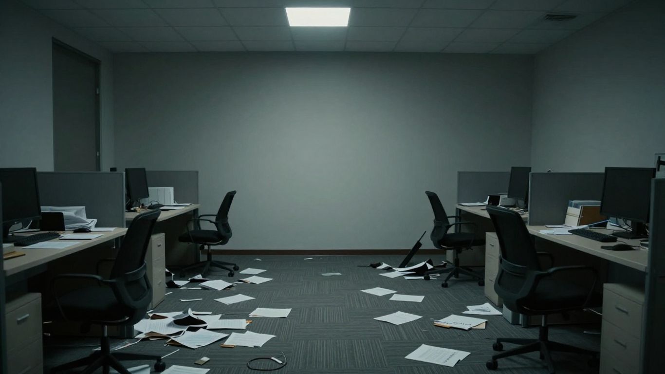 Empty office with scattered papers and overturned chairs.