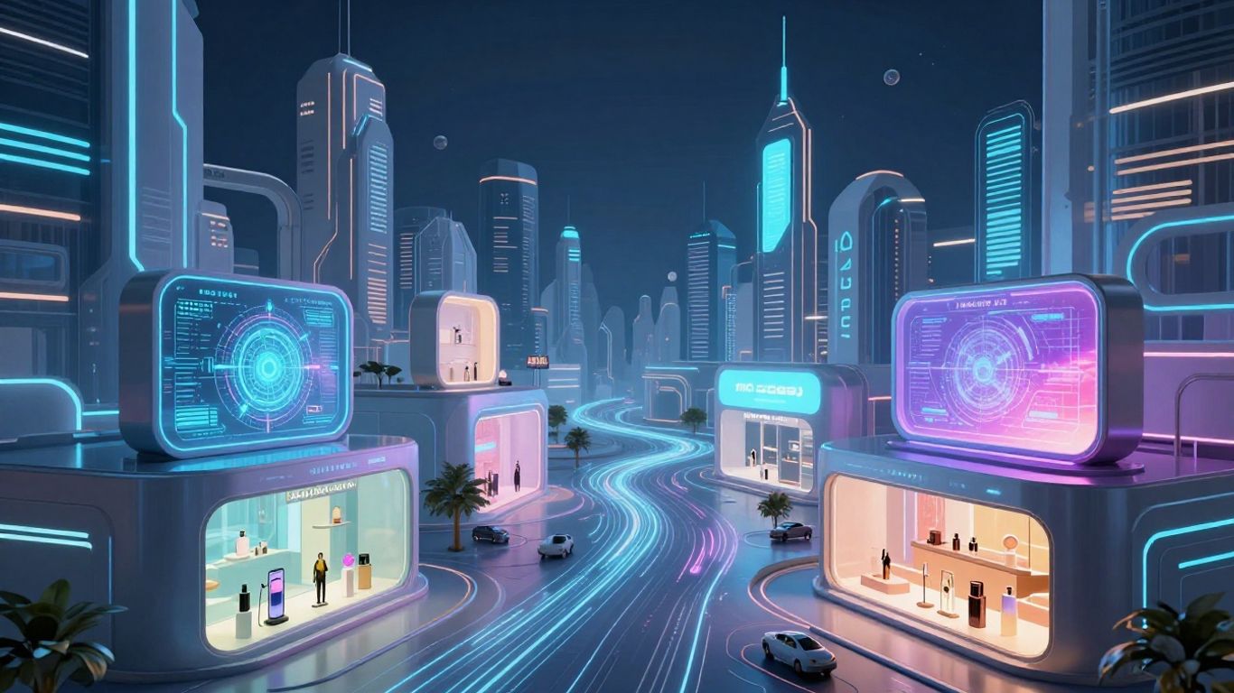 Futuristic e-commerce cityscape with digital interfaces.