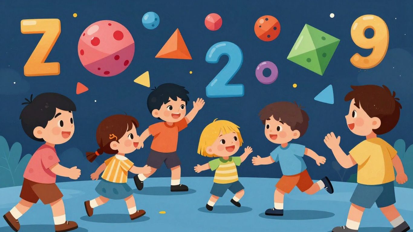 Children playing with colorful math game elements.