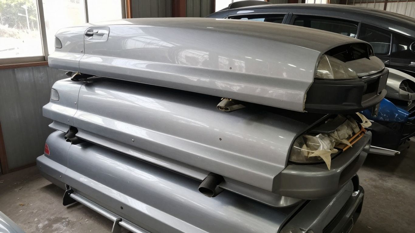 Used Mitsubishi body panels stacked for careful inspection
