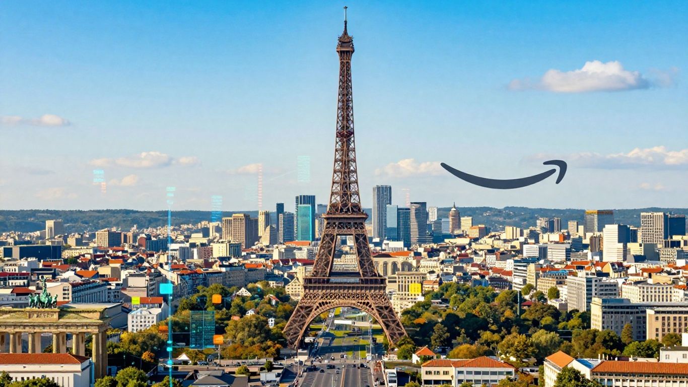 European landmarks connected by digital data streams.
