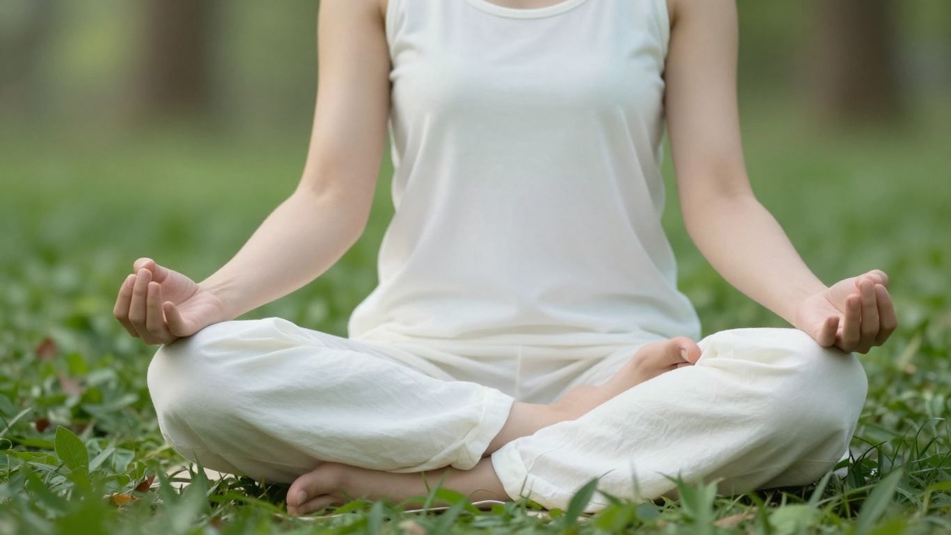 Person meditating peacefully with natural elements.